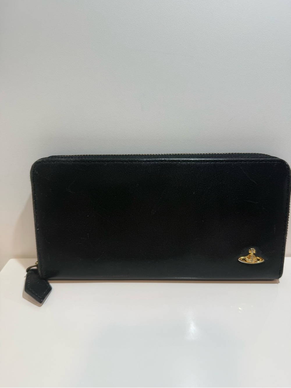 Vivienne Westwood Black Leather Zip Wallet with Gold Orb